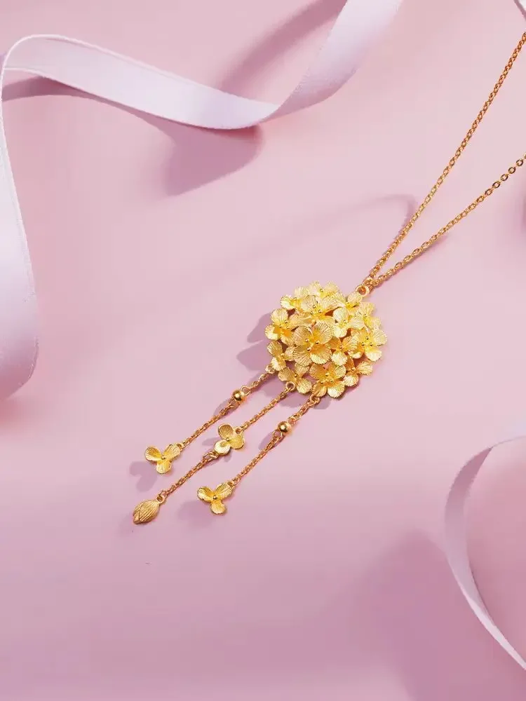 9999 real gold 24K yellow gold Hydrangea Tassel Necklace Fashion Antique Niche