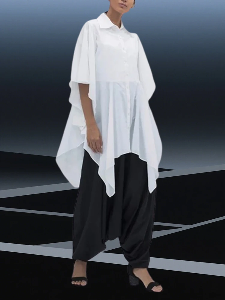 

Сексуальная свободная белая женская рубашка 2025, модные рубашки с длинными рукавами и лацканами, элегантный топ нестандартной формы с рюшами, женская одежда с расклешенными рукавами