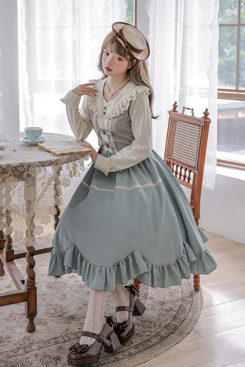 Francouzský vintage panské styl cosplais lolita kawaii OP čaj večírek holka volánky nemluvně límec bublina rukáv měď spona poupě šaty