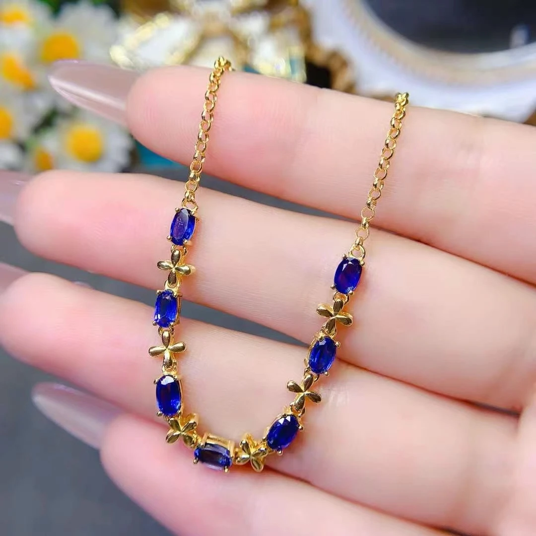 

Natural Royal Blue Sapphire Bracelet for Office Lady 3mm*5mm Total 2.1ct Real Sapphire 925 Silver Bracelet with Gold Plated