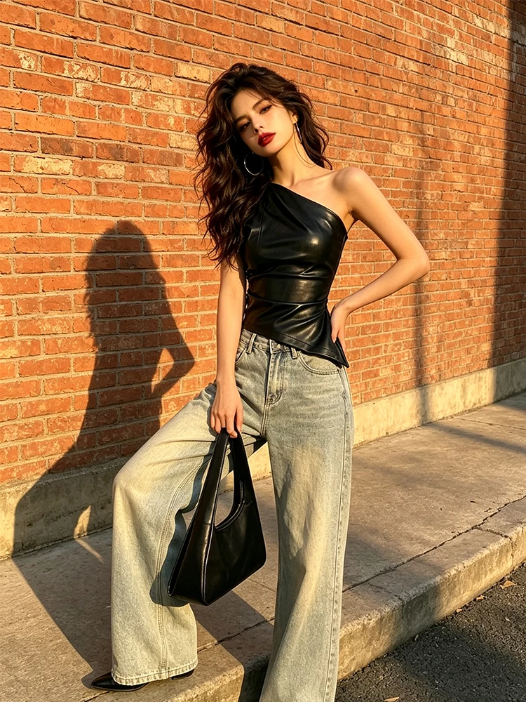 Women Faux Leather One Shoulder Top Sleeveless Asymmetric Draped Slim Fit Tank Top Irregular Hem Party Club Streetwear Vest