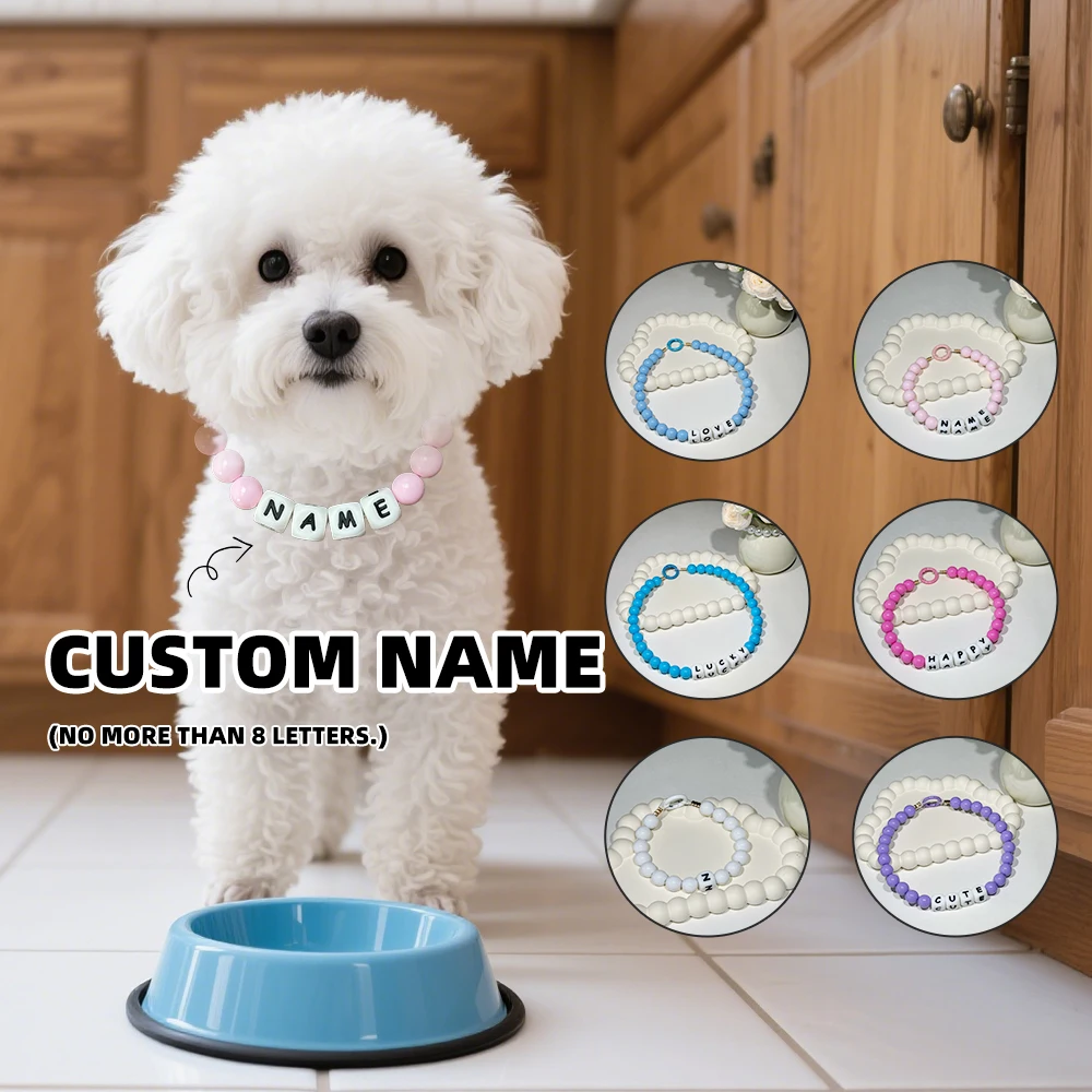 

Custom Plastic Beaded Dog Collar with Name Silicone Letters Personalized Pet Necklace Choker Chihuahua Bulldog Corgi