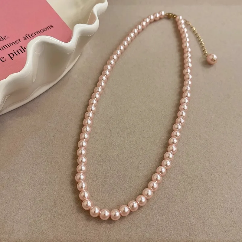 Pink Glass Pearl Necklace Women\'s Sweater Chain Elegant Neckchain