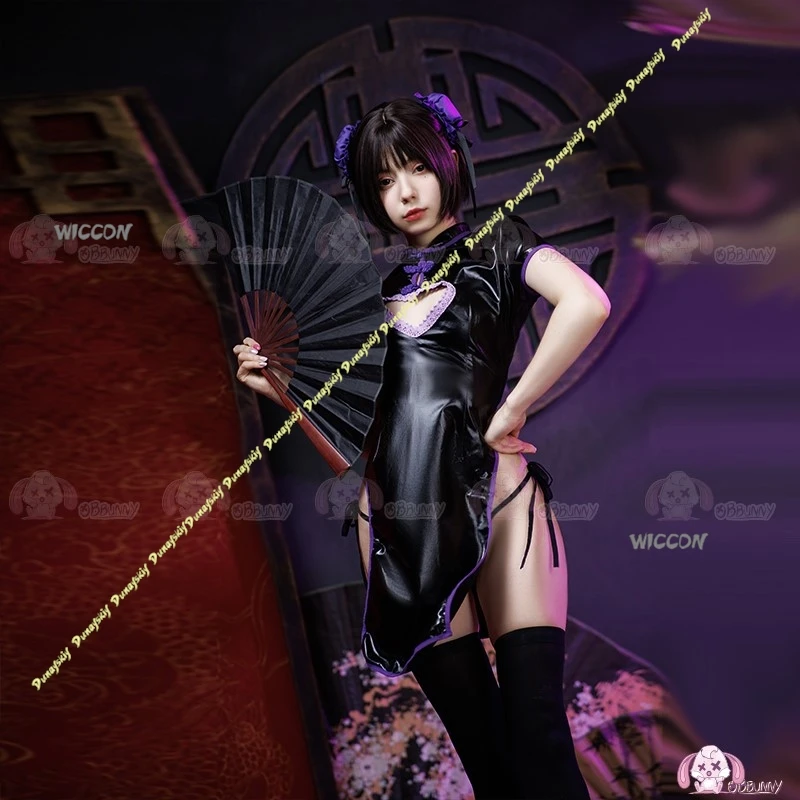 Disfraces de Cosplay morados, vestido de sirvienta, corazones ahuecados, Cheongsam, juego de rol, falda Sexy para niñas y mujeres, diario, Navidad y Halloween
