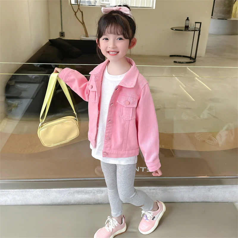 Baby Girls' Pink Denim Coat Child Girl Jean Blazer Outwear Jacket Overcoat Cardigan Top Layer Front Pocket And Button closure