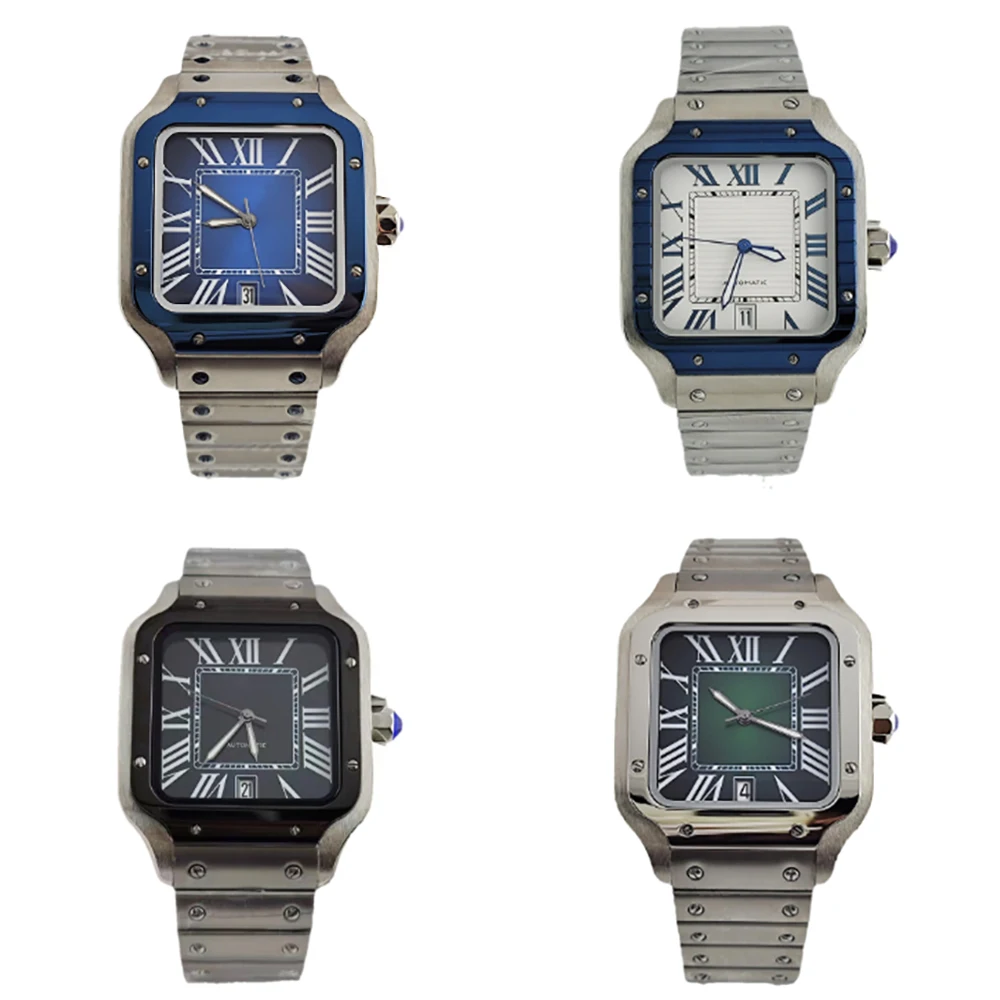

Santos series square watch automatic mechanical Roman numerals with date window men's fashion watch stainless steel watch
