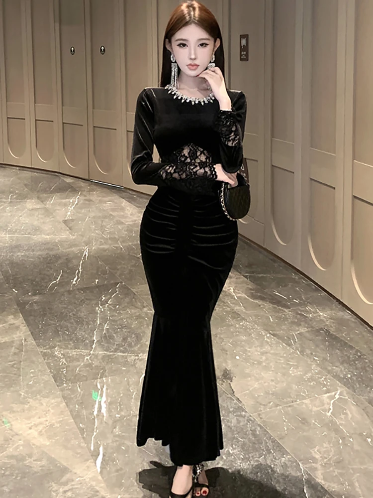 

Women Elegant Luxury Diamonds Long Dress Autumn Winter Black Velvet Patchwork Lace Hollow Out Dress 2025 Korean Bodycon Dresses