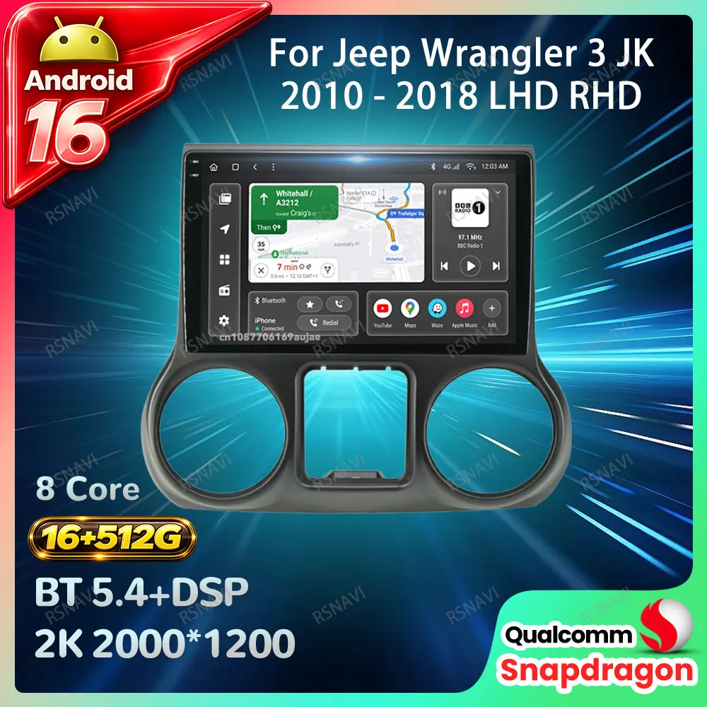 Car Radio Android 16 For Jeep Wrangler 3 JK 2010 - 2018 LHD RHD DVD Wireless Carplay Auto Qualcomm GPS 5G WIFI Autoradio QLED BT
