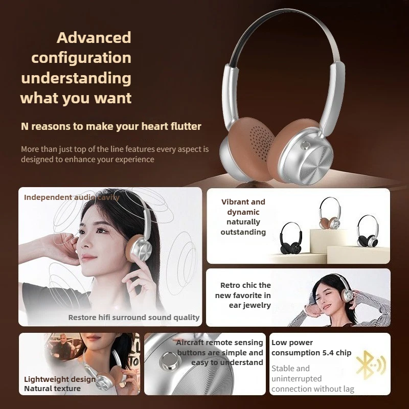 Retro-Headset, leicht, kabellos, Bluetooth, hochwertiges High-Fidelity-Stereo, starker Bass, Rauschunterdrückung, Musikbekleidung, TravelFitness