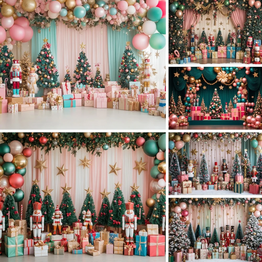 

Christmas Photography Background Nutcracker Soldier Gift Glitter Xmas Tree Backdrop Gift Window Booth Kids Family Photo Banner
