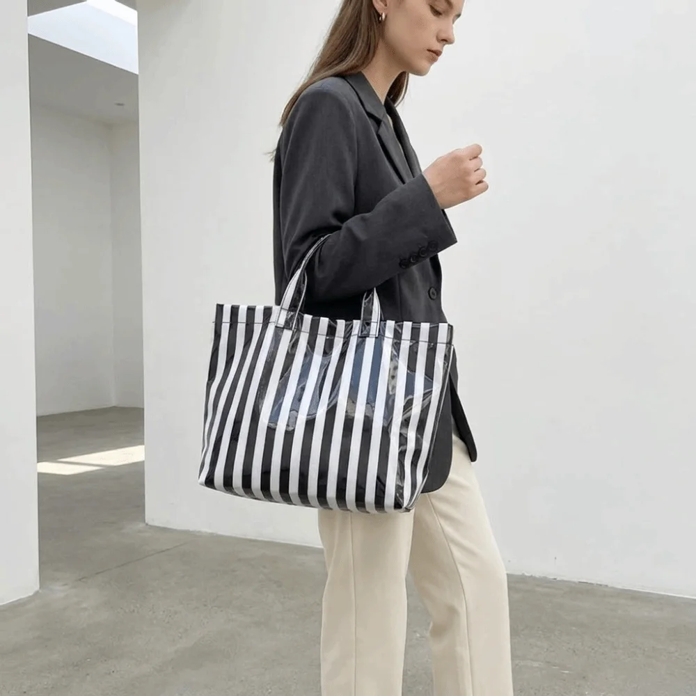 Waterproof PVC Striped Tote Bag Stripe Shoulder Bag Transparent Jelly Bag Tote Pouch Large Capacity Armpit Bags Swimming
