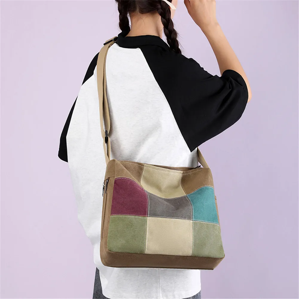 2023 Ladies Fashion Handbag Patchwork Rainbow Shoulder Crossbody Bags Ladies Canvas Messenger Bag Large Capacity Travel Work Bag