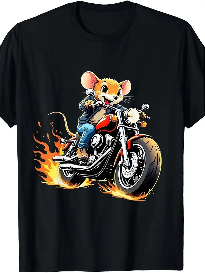 Designed For Teenagers Retro Motorcycle Mouse T-Shirt Funny Mouse Riding Graphic Tee Humorous Apparel Motorbike Design Casual