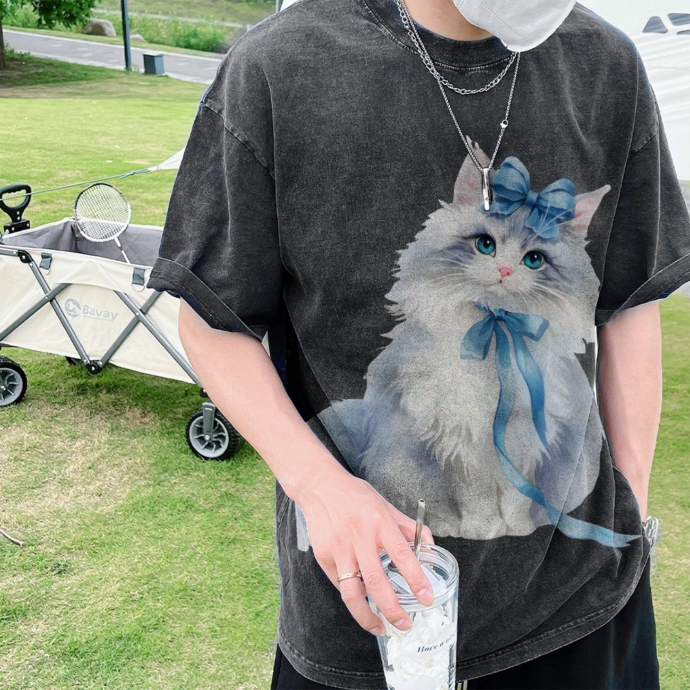 

Y2k Graphic T-Shirt, Cat with Bow Print, Adorable, Playful and Elegant, Lovely Style,Soft Fabric for Feline-Themed Casual Looks