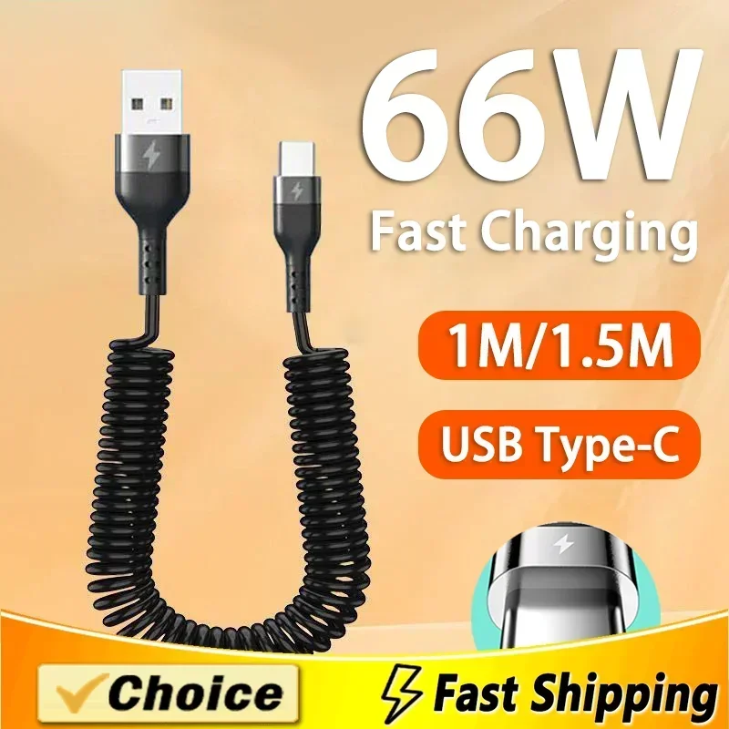 

66W 5A Fast Charging USB Cable 3A Micro USB Spring Car Cable for Xiaomi Redmi Honor Phone Charger Cable