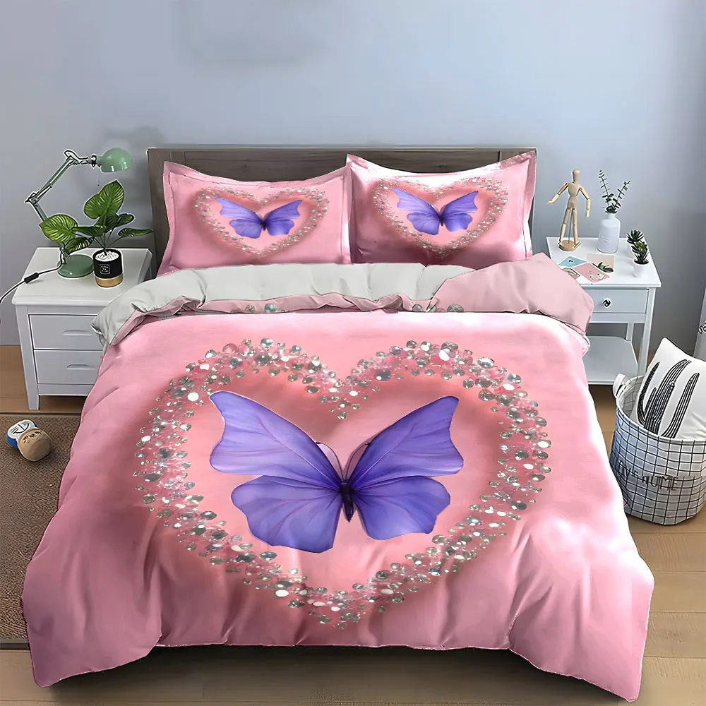 Butterfly Heart Decorative Set Bedding Set with 1 Duvet Cover 2 Pillowcases Single Double King Queen, Gift