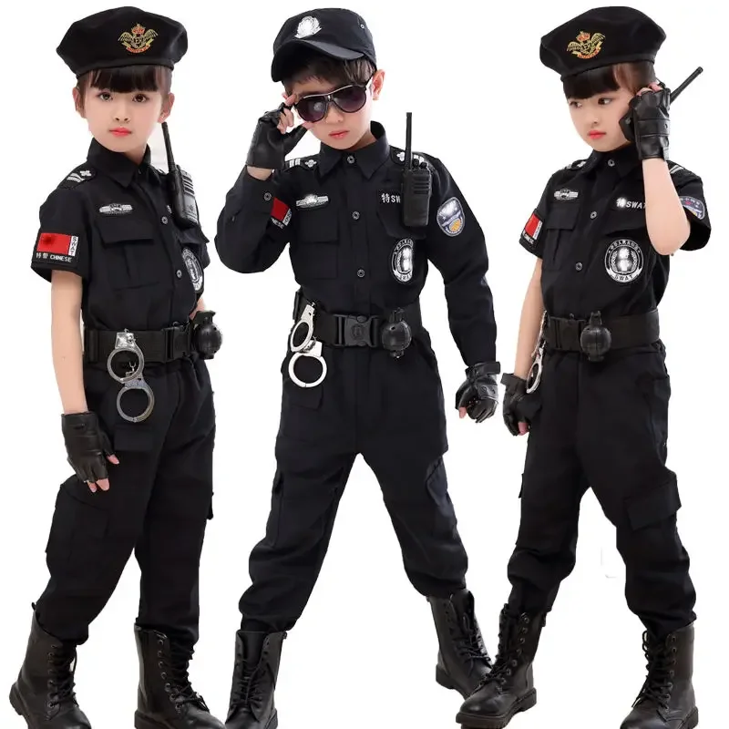 Children Policeman Uniform Cosplay Costumes Kids Police Top Pants Hat Suit Boys Girls Police Clothing Halloween Christmas Gift