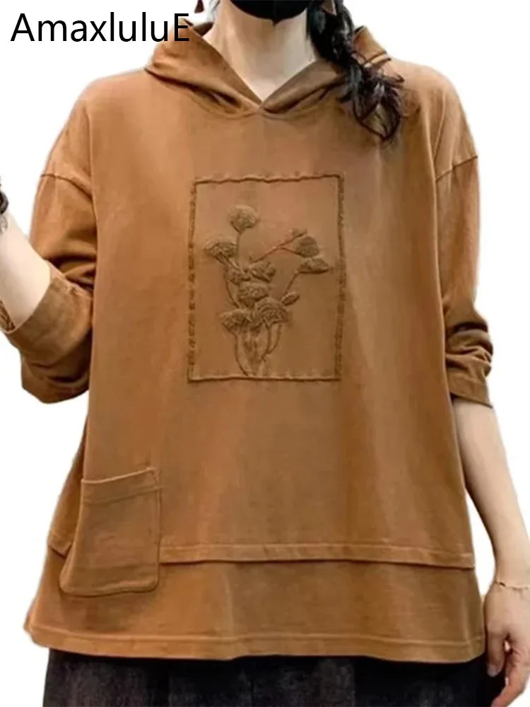 Amax luluE Damskie Bluzki z Kapturem z Haftem Kwiatowym Wiosenne Modne Luźne Punkowe T-shirty Casual Klasyczne Bawełniane Ubrania Harajuku