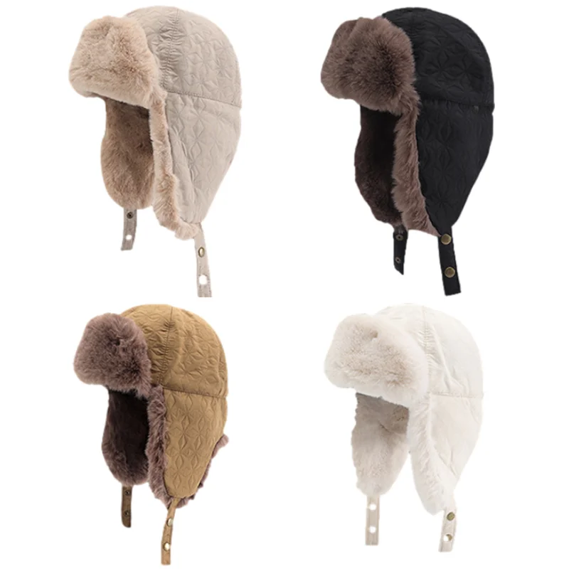 Winter Warm Bomber Hats Plush Lining Russian Ushanka Cap Thicken Ear Protection Skiing Cap Men Women Windproof Earflap Pilot Hat