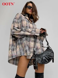 OOTN Vintage Check Long Sleeve Shirts Spring Streetwear Loose Turn Down Collar Blouse Women 2024 Casual Single Breasted Tops