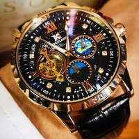 1 Piece of Fashionable Wanderer Skeleton Automatic Mechanical Watch, Men's Starry Sky Luminous Dial Day Phase Black Artificial Belt Business Casual Frozen Men's Watch Top Brand Luxury Gift, Battery-Free
