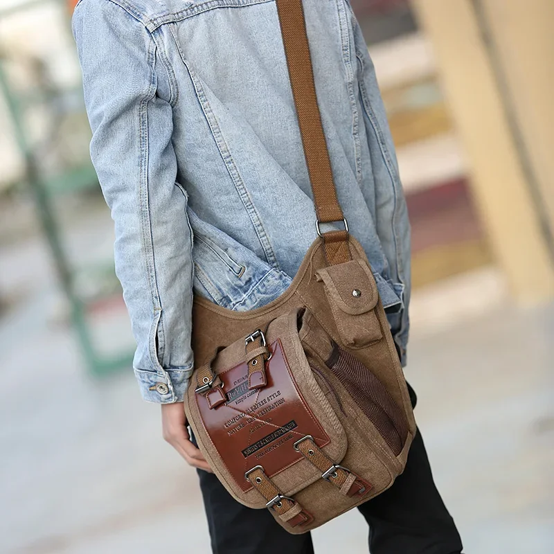 

Men Crossbody Bags Male Canvas Shoulder bags Boy Messenger Bag Handbags for Travel Vintage Style Casual Brown Motorcycle Bolsas
