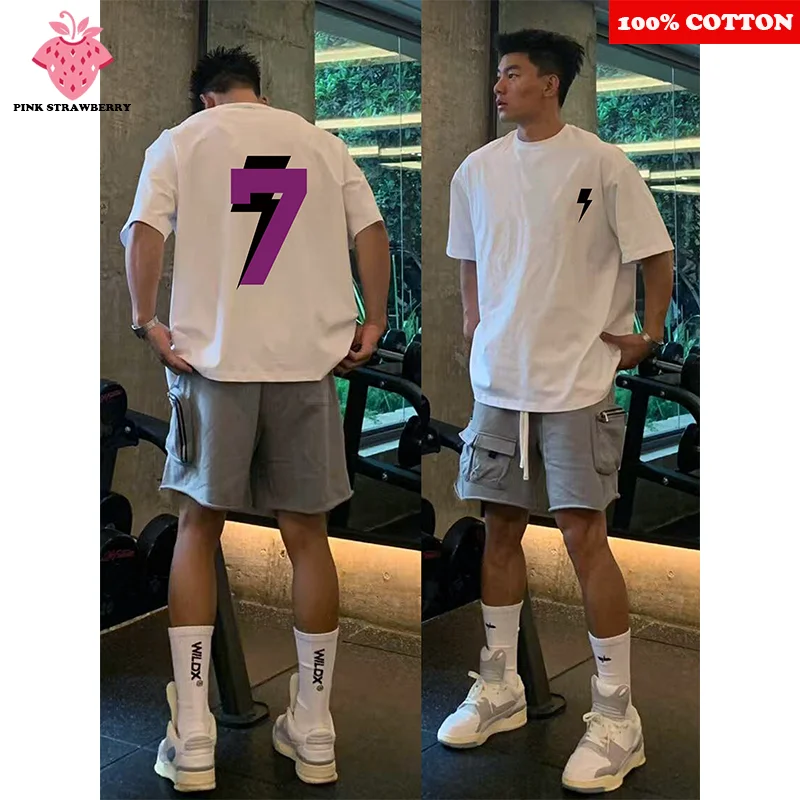

Lightning 7 Letter Print T-shirt Men's Summer 2025 New 100% Cotton Street hip hop Gym Sports T-shirt Loose Y2k Tops men clothing