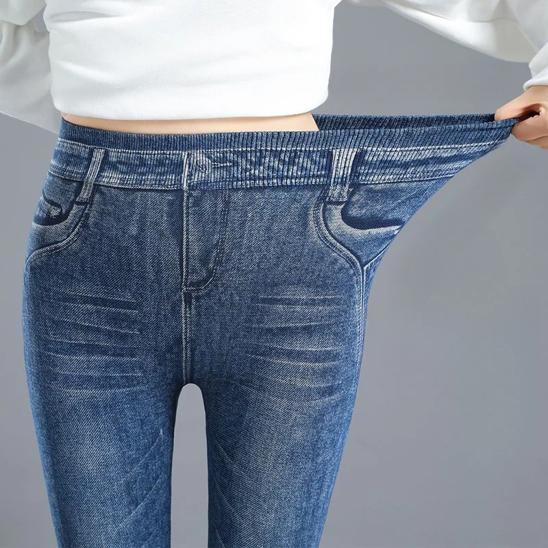 Imitasi Legging Denim wanita 2023 baru pinggang tinggi ukuran besar pelangsing celana pensil modis kasual elastis pinggang celana Skinny