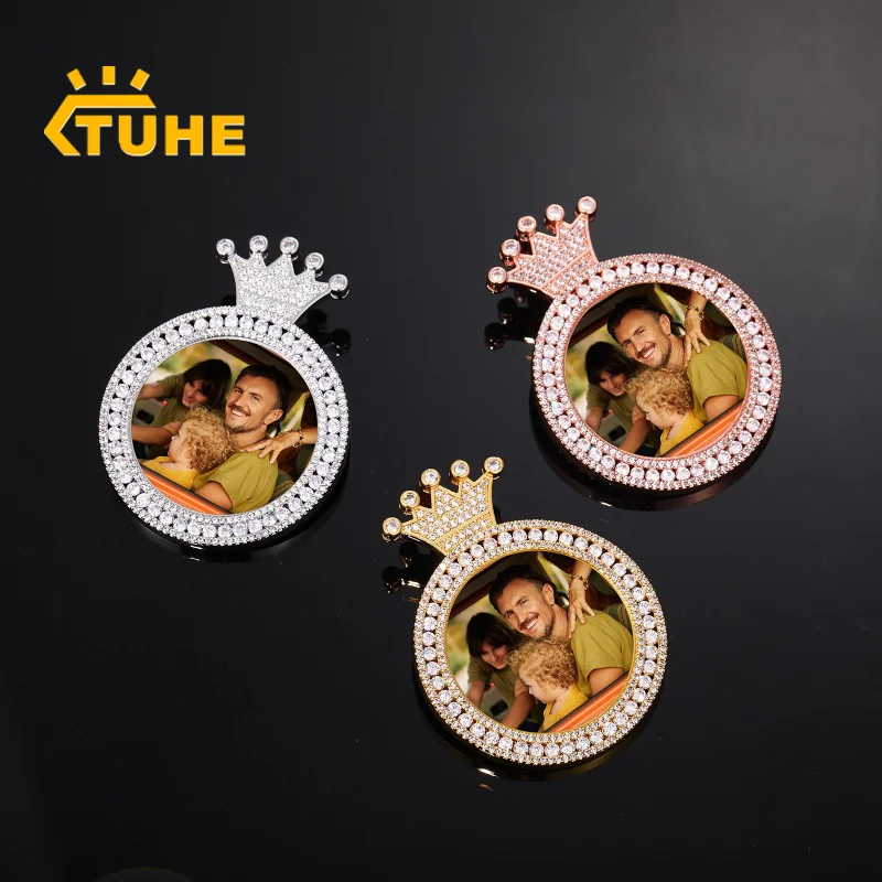 

Copper Round Crown photo Pendants Brass 5A Zircon Round Pendant For Memory Record Personalization Gift With Engrave Version