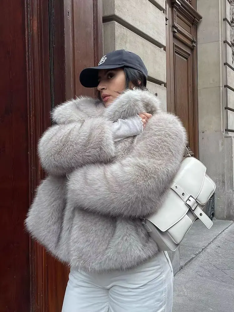 

HH Women's Autumn Street Fashion Artificial Fur Effect Coat Long Sleeves Hidden Button Lapel Thick Warm Casual Winter Coats