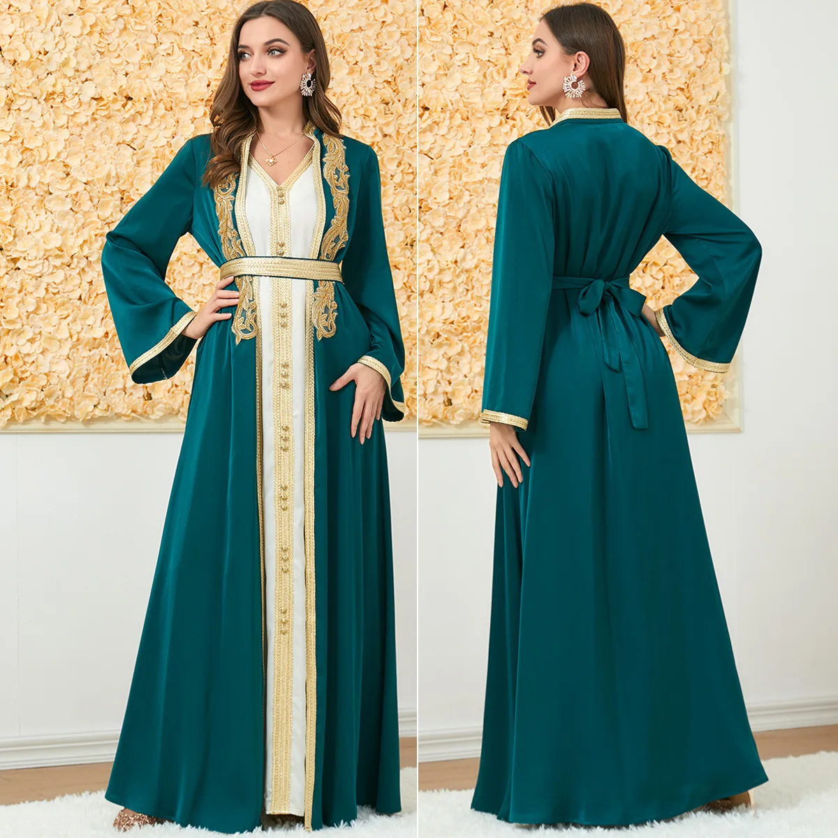 Autumn Winter Muslim Women Elegant Long Sleeve Embroidery Abaya Sleeveless V-neck Inner Dress 2 PCS Matching Sets Muslim Suit