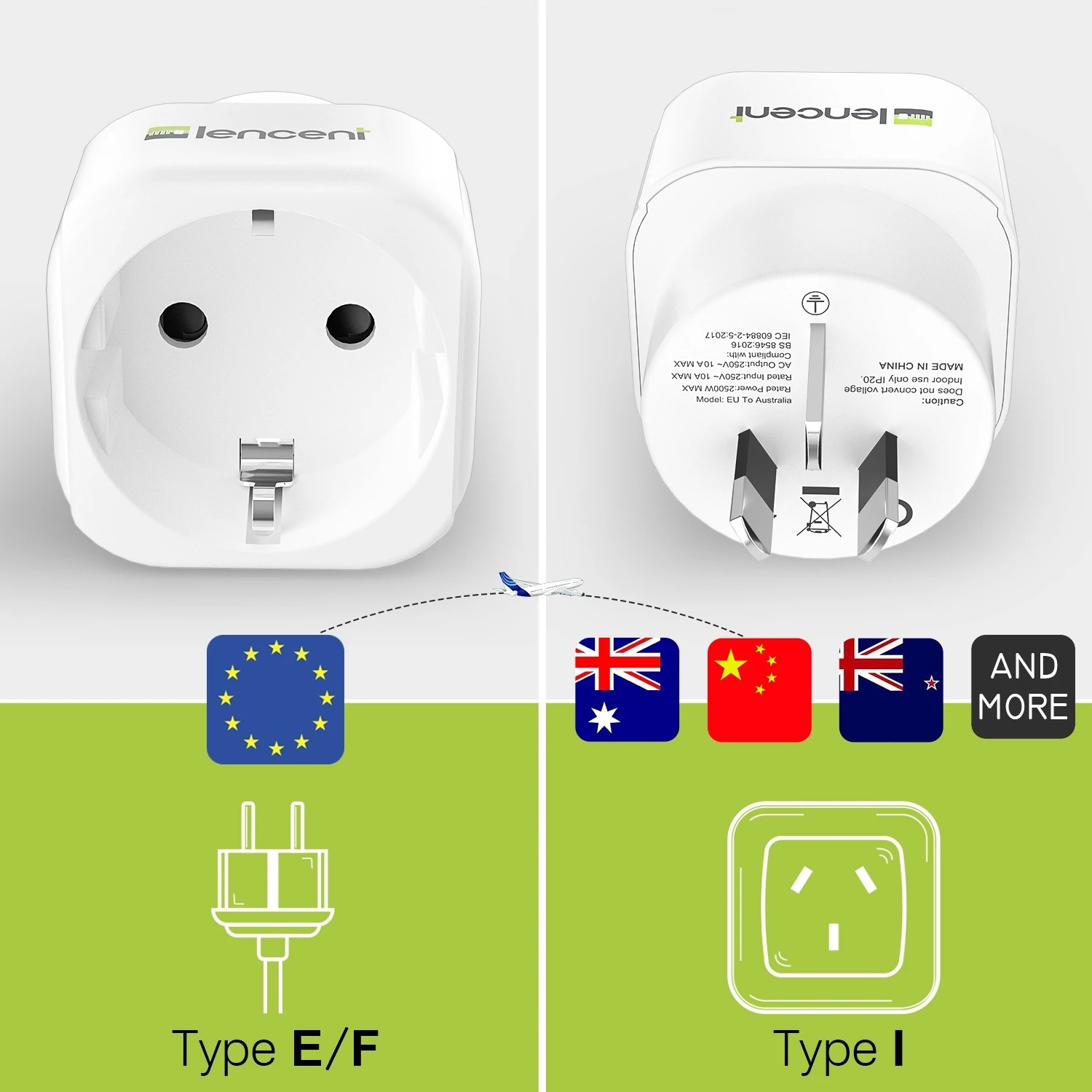 LENCENT 2 Pack EU to AU  Travel Adapter Overload Protection Wall Charger Spanish 2-Pin Europe to 3-Pin AU for Travel /Home