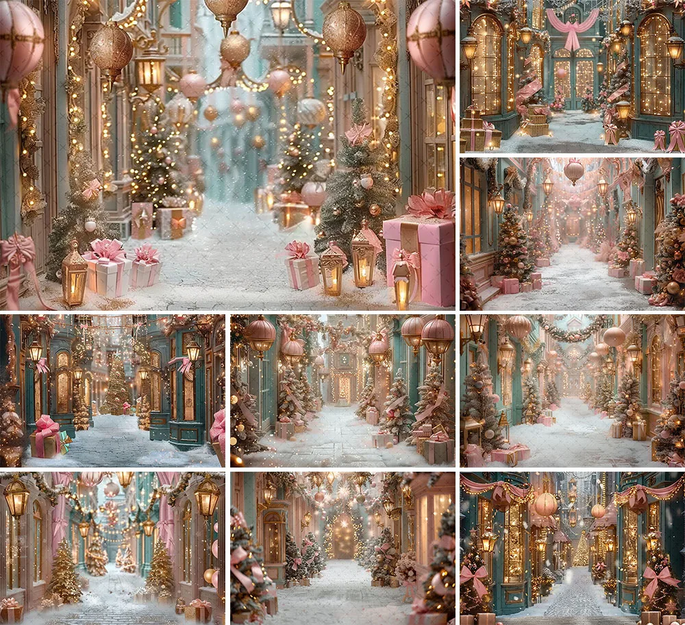

Mehofond Photography Background Christmas Shop Street Glitter Snow Pink Xmas Tree Kids Family Portrait Decor Backdrop Photo Stud