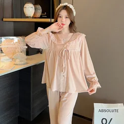 Pajama Women's Autumn and Winter Sexy Golden Velvet Long Sleeved Pants Two-piece Set Palace Style Lapel Lace Pijamas