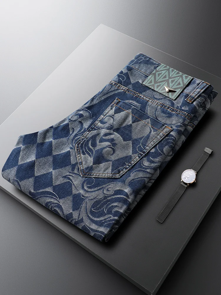 

Blue Embroidered Slim Fit Men's Jeans Fashionable Casual Straight Leg Denim Pants Breathable Comfortable All Season Wear