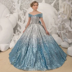 Formal Kids Evening Dresses for Girls Birthday Party Elegant Sequins Dress Up Fluffy Long Luxury 2023 Pageant Prom Ball Gown Bow