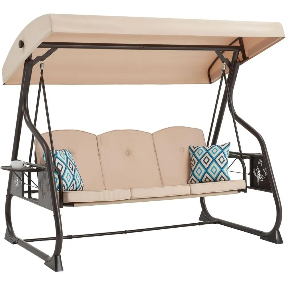 3-Seat Patio Porch Swing 800LBS Outdoor Swing with Stand Adjustable Backrest Patio Glider Chair Removable Pillows Side Tray Balc