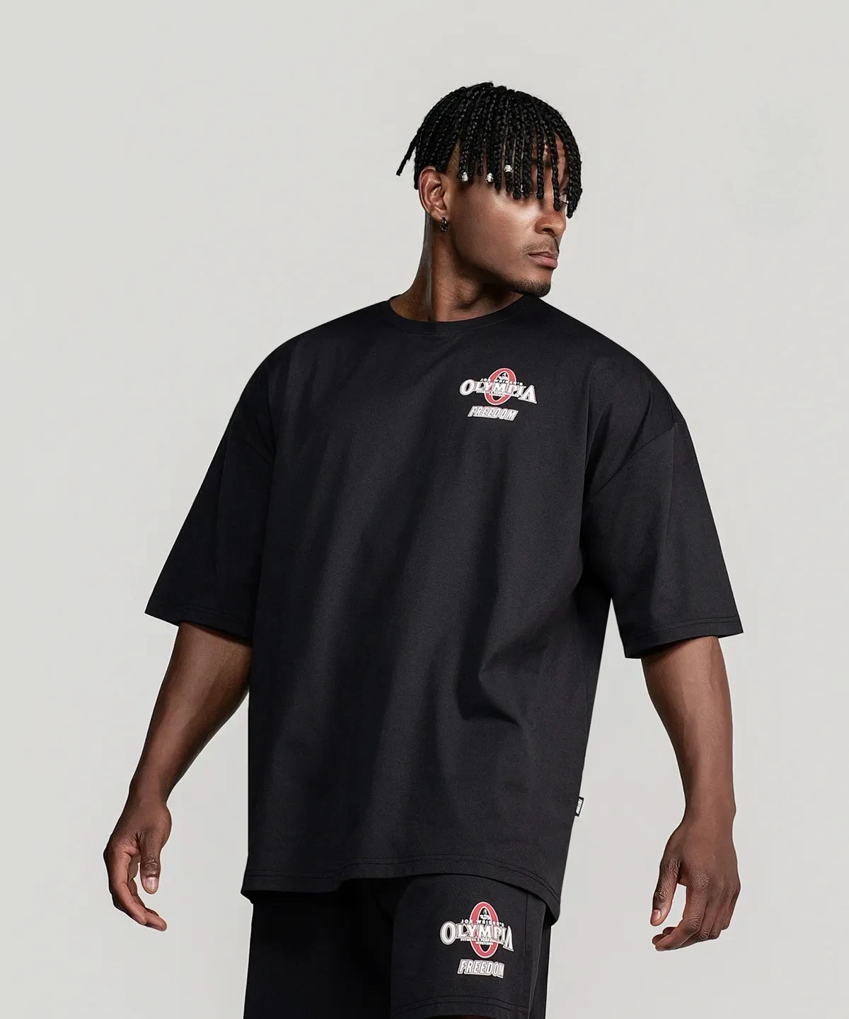 FREEDOM Olympia Semi-Oversized T-Shirt GYM Grafik Baumwoll-T-Shirt mit Aufdruck Hochwertiger Luxus Unisex-Stil für Männer und Frauen – Detail 2