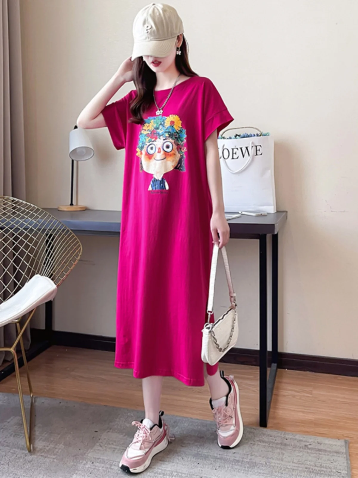 Pure Cotton Short Sleeve T-Shirt Women's Loose Cartoon Print Summer Top Knee-Length Mid-Length Studentwear Commute Style
