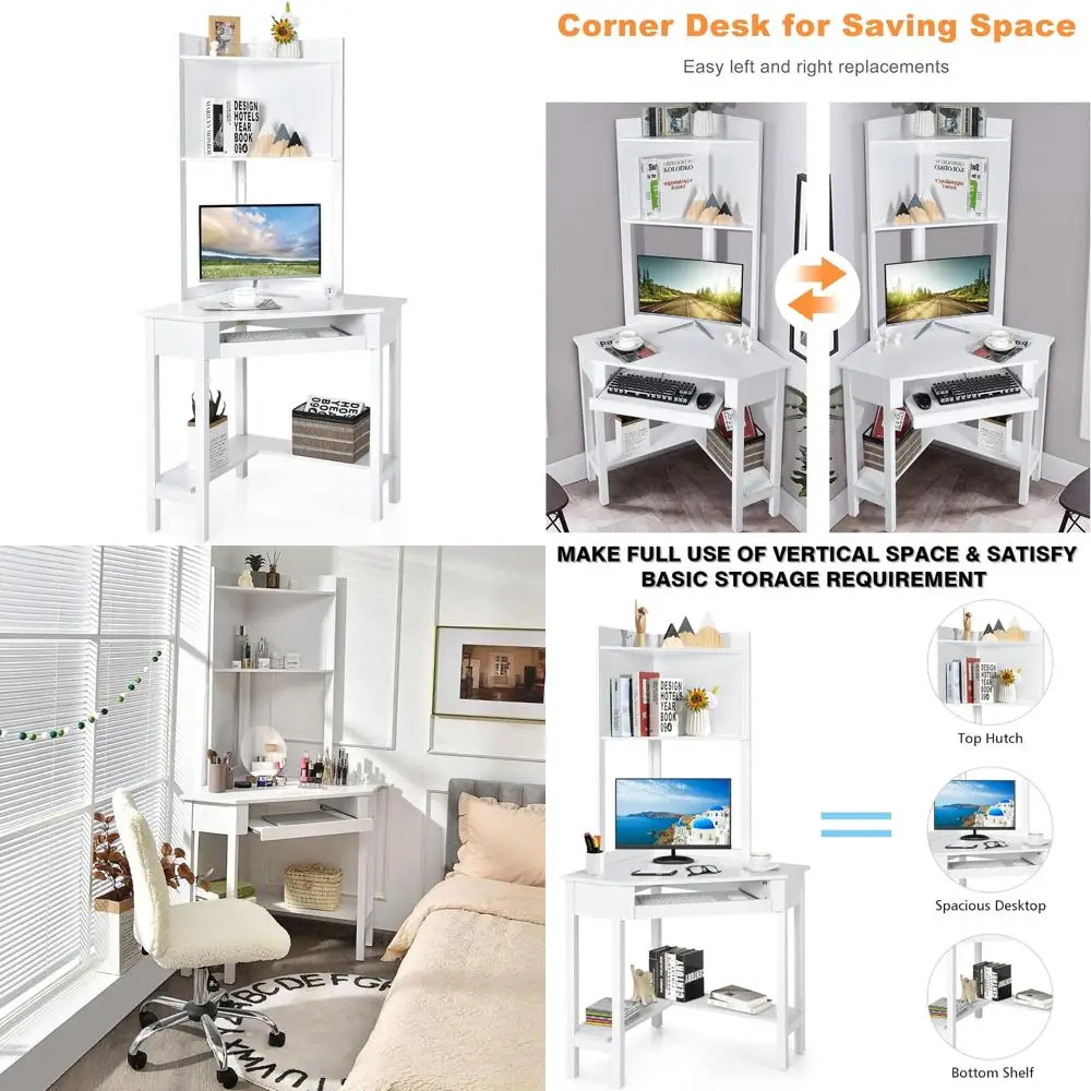 corner computer desk with hutch, triangle corner desk w/keyboard tray and bookshelves, corner writing desk with storage shelves,
