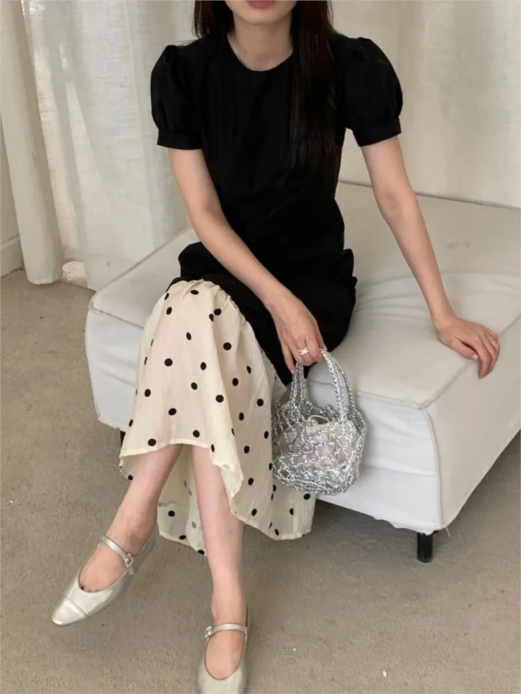 French Style Elegant Women Mermaid Dress Summer Solid Vintage Slim Color Collision Polka Dot Fishtail Chic Long Dress Fashion