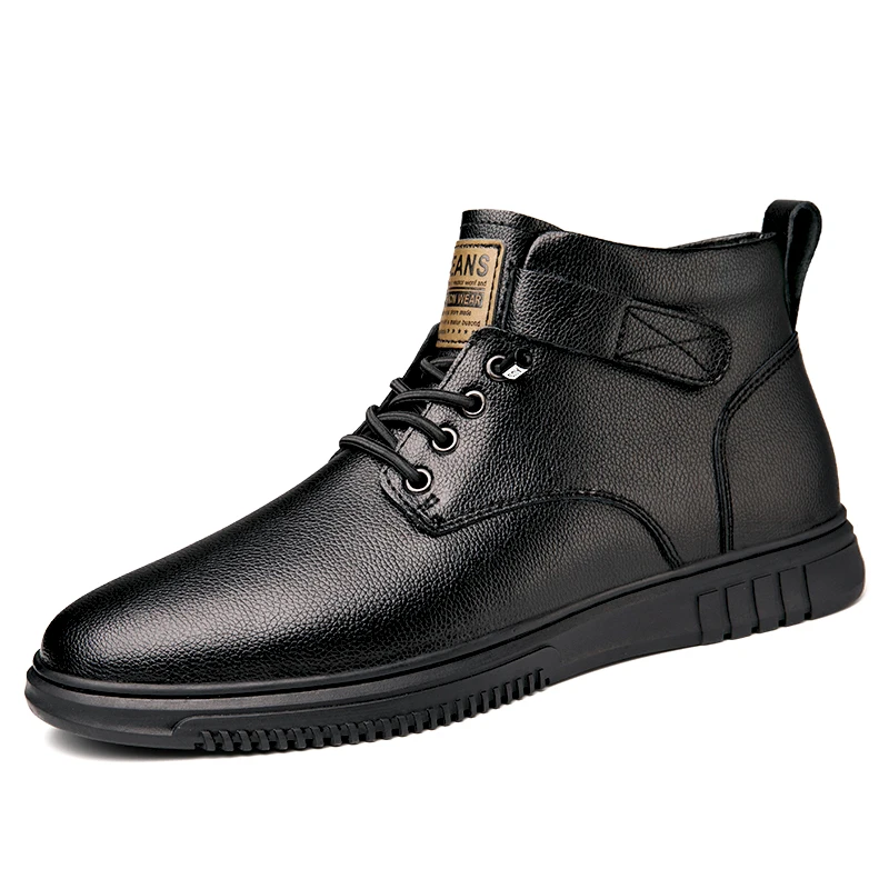 Mens Casual Leather Boots Fashion Ankle Short Boot Winter Super Warm Plush Big Size 47 48