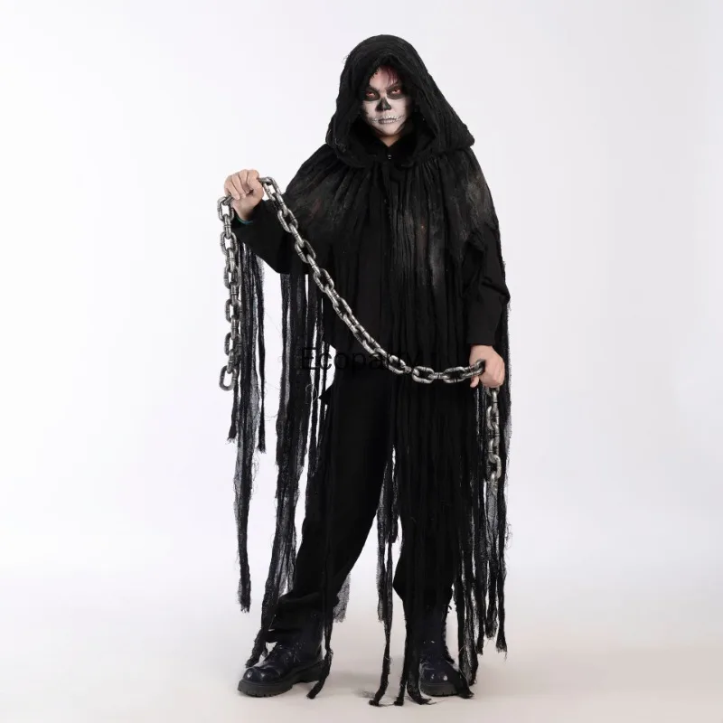 Adult Halloween Ghost Dementors Cosplay Costume Horror Dilapidated Tassels Zombie Hooded Cape Day Of The Dead Party Outfits view 3