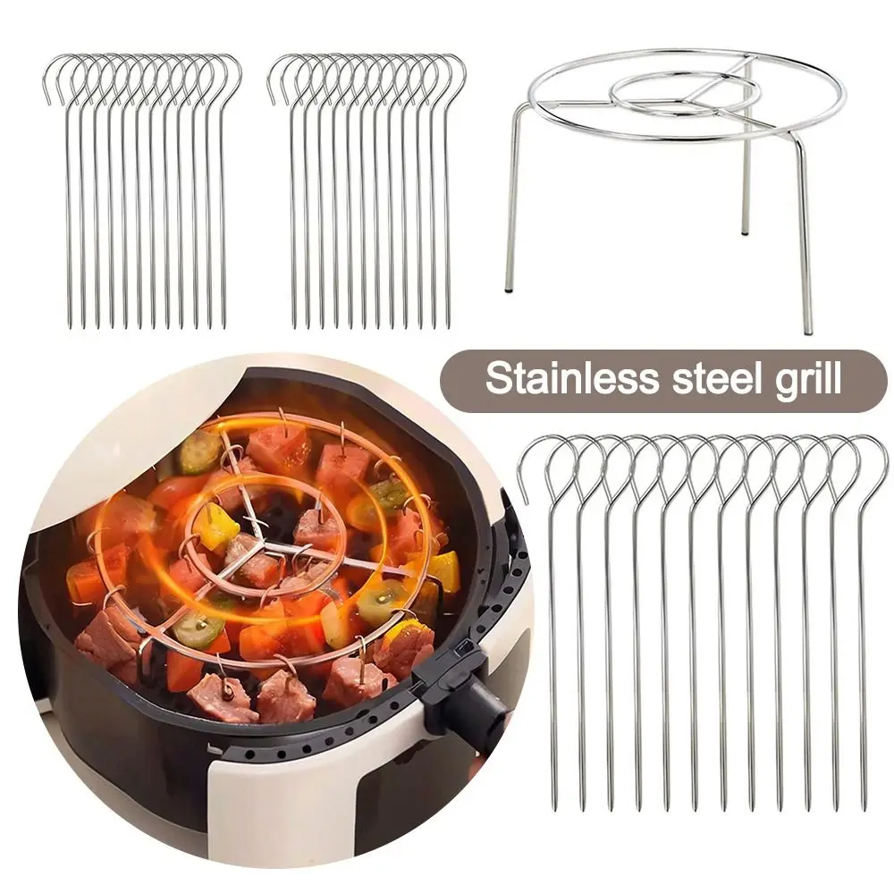 

Stainless Steel Air Fryer Grill Round with Grilled Skewers Hanging Skewers Rack Vertical Grill Rack for Home Kitchen Outdoor