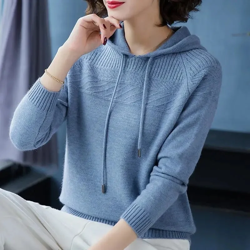 Ladies Loose Fit Hooded Knitting Women Fashion Versatile Solid Color Knitwear Spring Autumn Female Long Sleeved Pullover Sweater