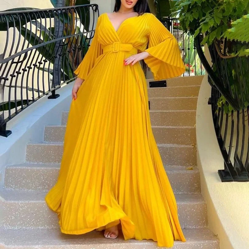 

Autumn Sexy V-Neck Pleated Dinner Party Dress Women Yellow Elegant with Belt Long Sleeve Robe Femme African Maxi Red Vestido