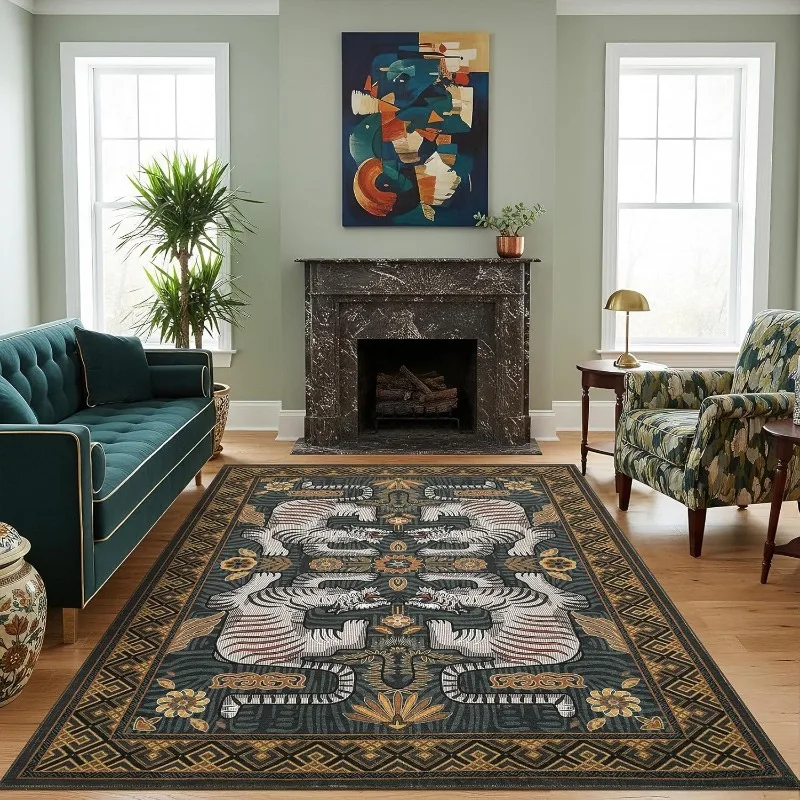 Vintage Tribal Animal Print Living Room Carpet Non-slip Machine Washable Sofa Coffee Table Floor Mat Tibetan Bedroom Soft Rug view 3