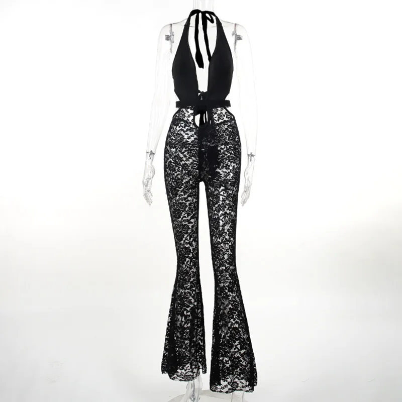 Hanging Neck Sexy Hollow  Out Lace Perspective jumpsuits