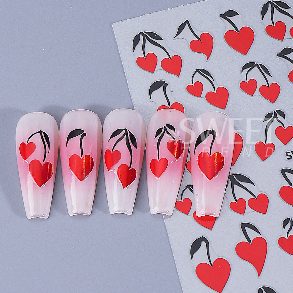 2 pezzi adesivi per unghie di San Valentino a forma di cuore foglie di ciliegio autoadesive decalcomanie per unghie dolce decorazione manicure fai da te cursori