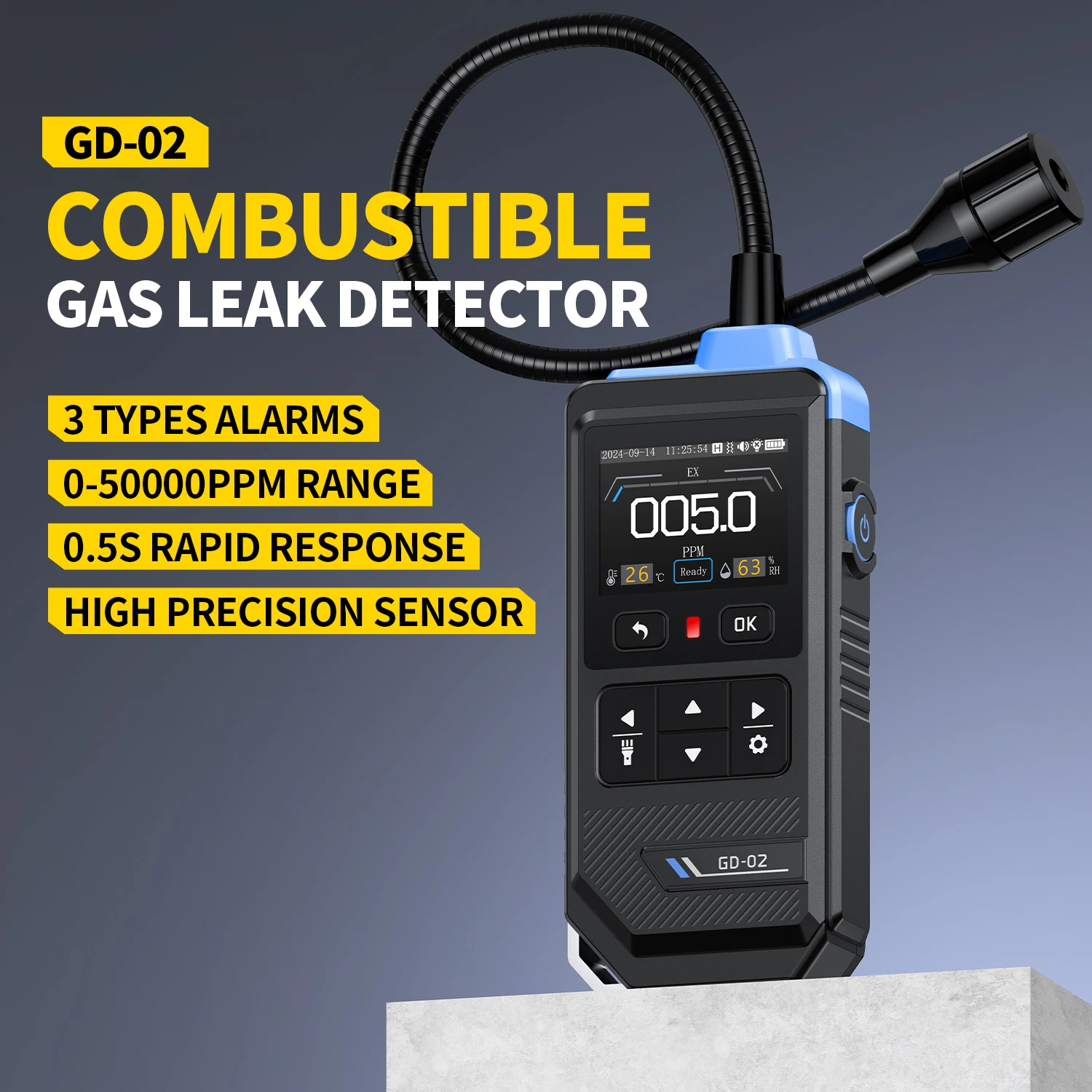 FNIRSI GD‑02 Portable Combustible Gas Detector,0‑50000PPM Methane Propane Isobutane Tester,Color Screen Gas Leak Sensor with Tem
